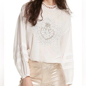 Free People Heart of Gold White Embellished Women's Top Size Large BOHO